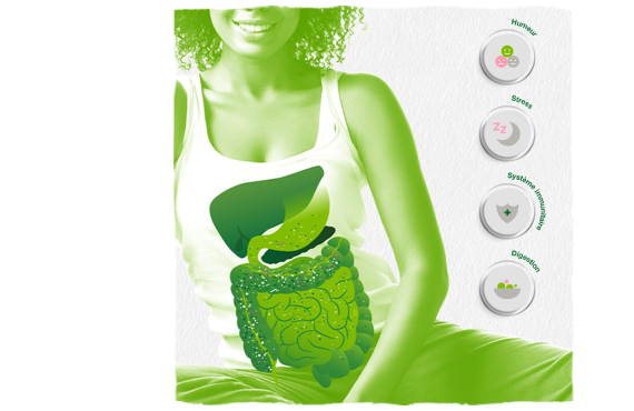 Infographic showing how microbiome impacts mood, sleep, immunity and digestion